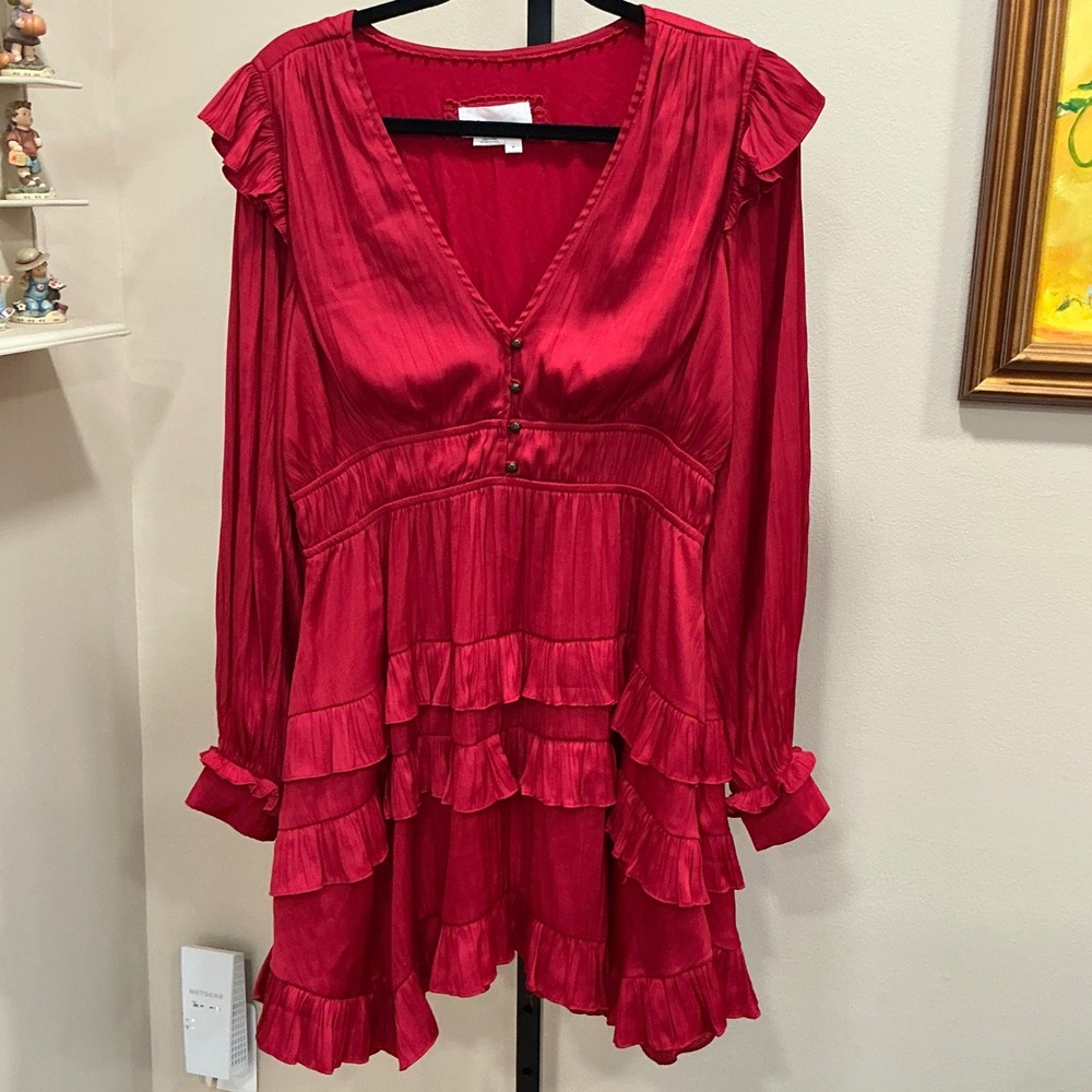 Anthropologie Mini Dress Medium Red Pleated Tiered Ruffle V-Neck Long Sleeve
